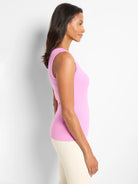 Fitted light pink ribbed knit scoop tank.