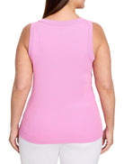 Pink rib knit scoop tank top, seen from the back.