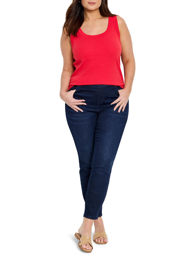 Red ribbed scoop neck tank top worn by a model, hemmed at hips.