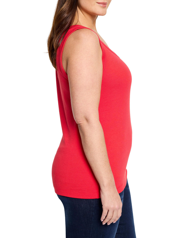 Red ribbed knit scoop tank, sleeveless.