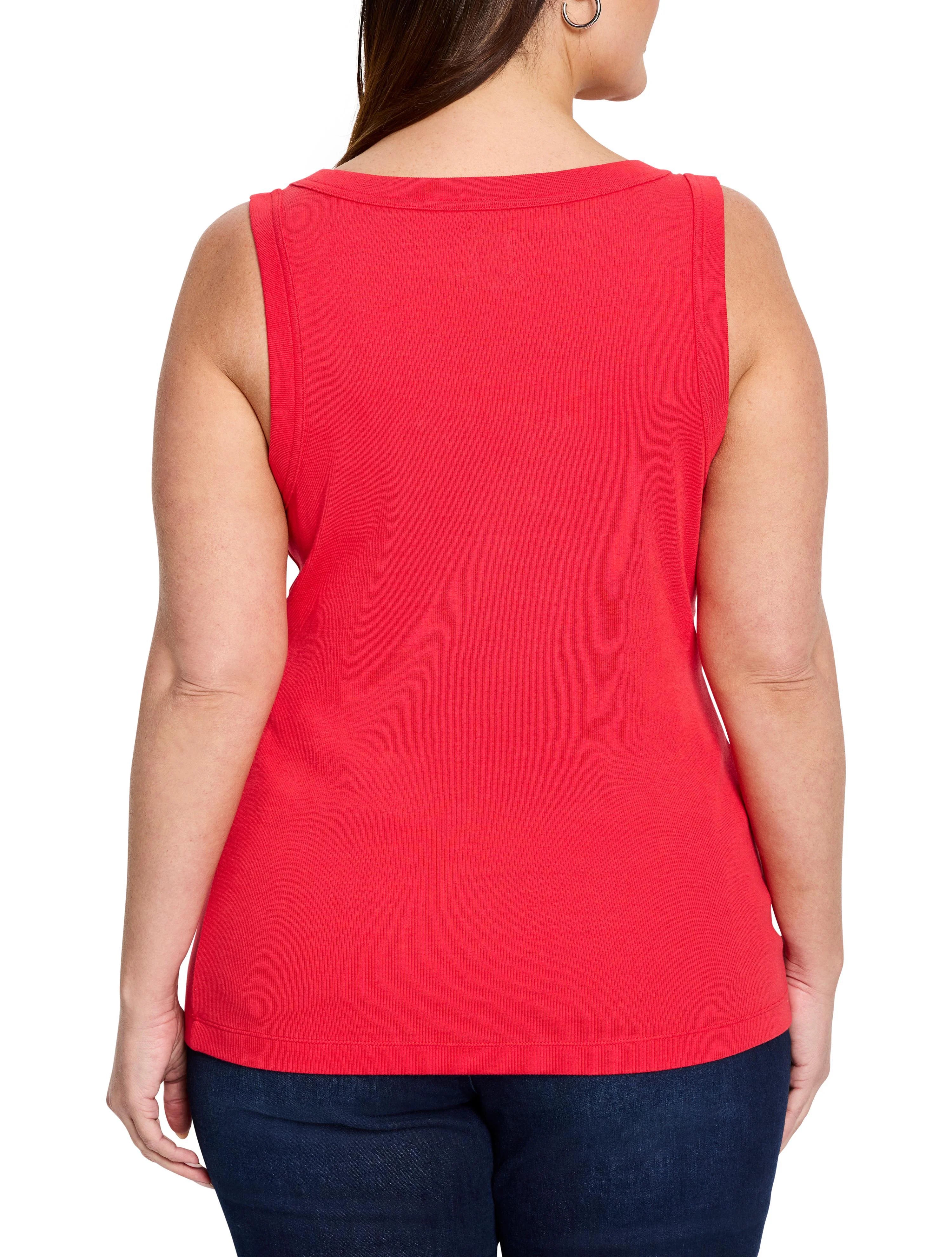 Red rib knit scoop tank, back view on a model.