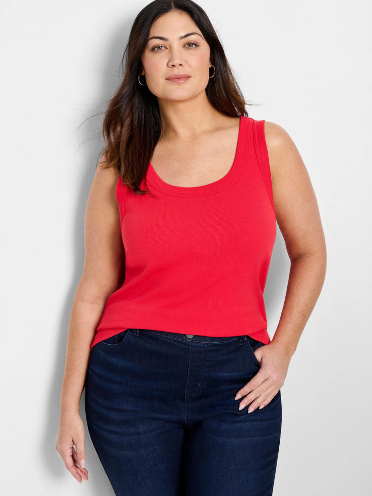 Bright red ribbed scoop neck tank top.