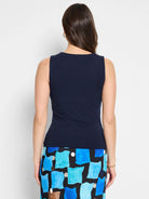 Navy blue sleeveless tank top with a wide, slightly squared back neckline. The top appears fitted.