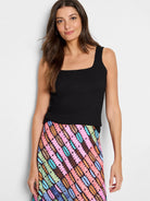 Black bubble knit tank top with a square neckline.