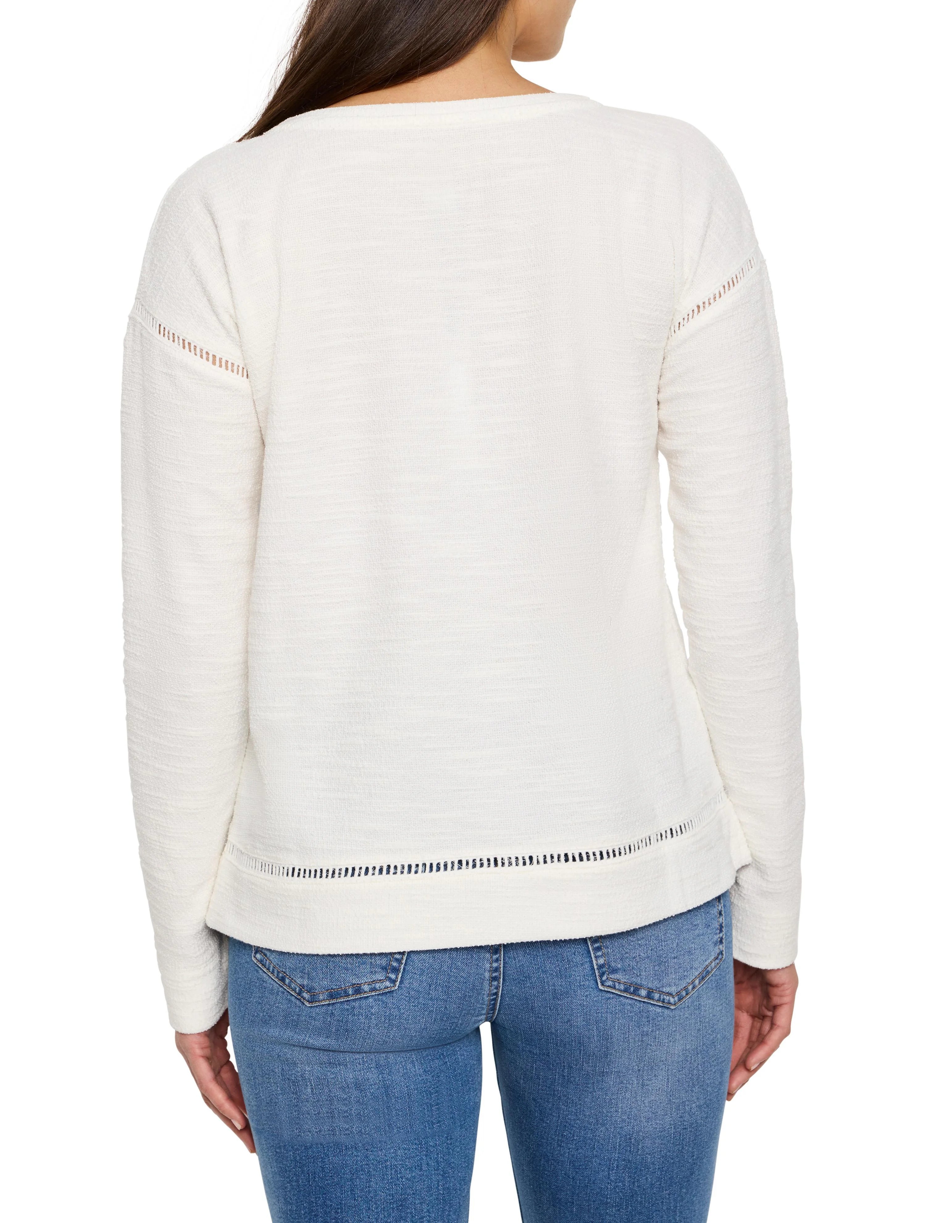 Off-white textured long-sleeve top with open-knit detail at shoulders and hem. Seen from back on model.
