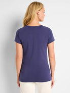 Indigo Perfect Knit Crew Neck T-Shirt, back view on model. Features short sleeves and smooth knit fabric.
