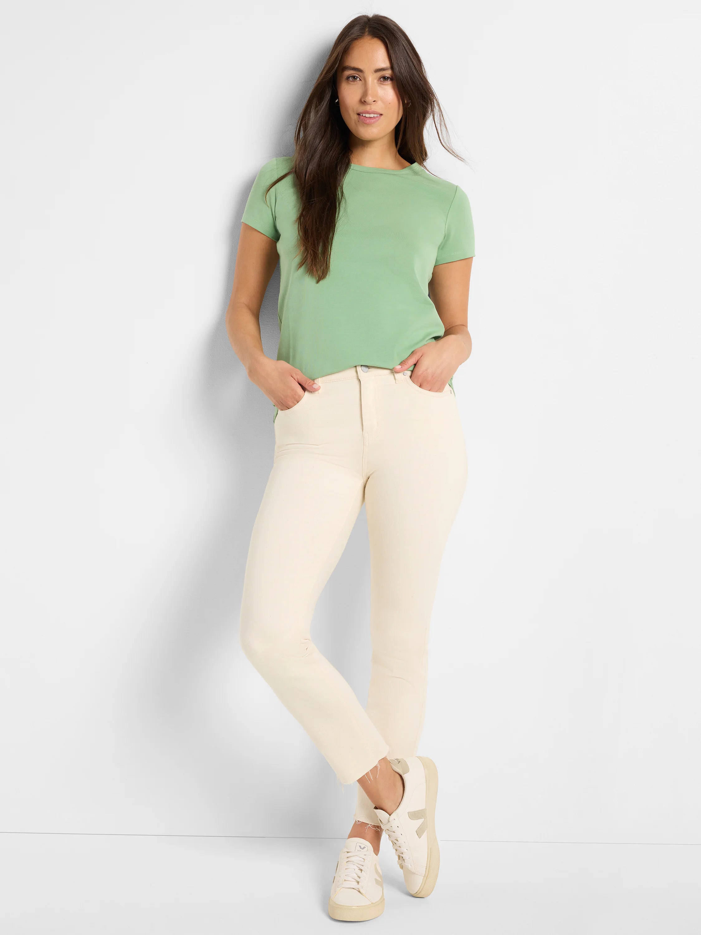 Sage green short-sleeve crew neck t-shirt in a smooth knit fabric.