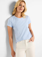 Light blue crew neck T-shirt with short sleeves.