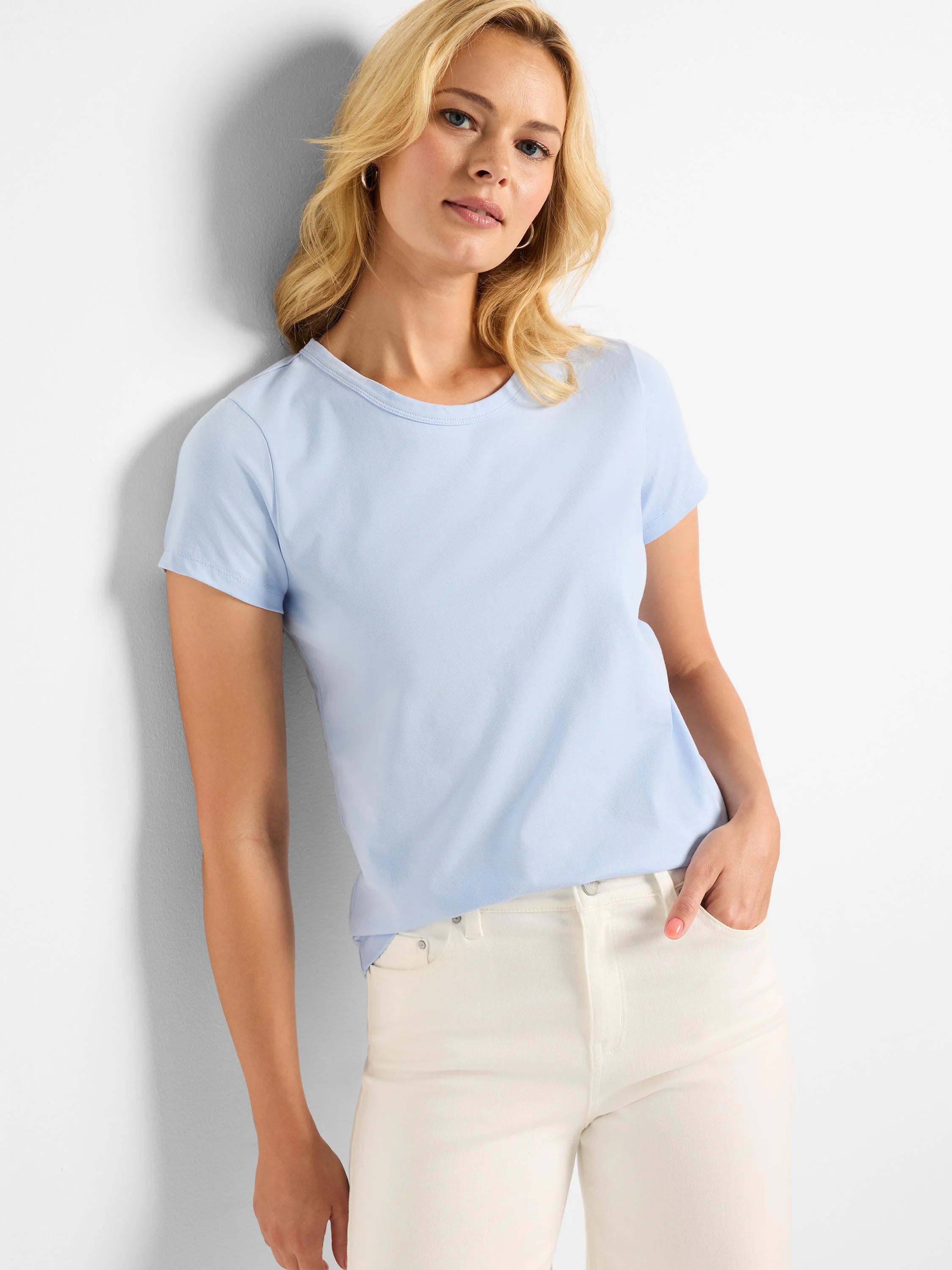 Light blue crew neck T-shirt with short sleeves.