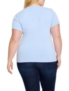 Light blue crew neck t-shirt with short sleeves, shown from the back. Features a smooth knit texture.