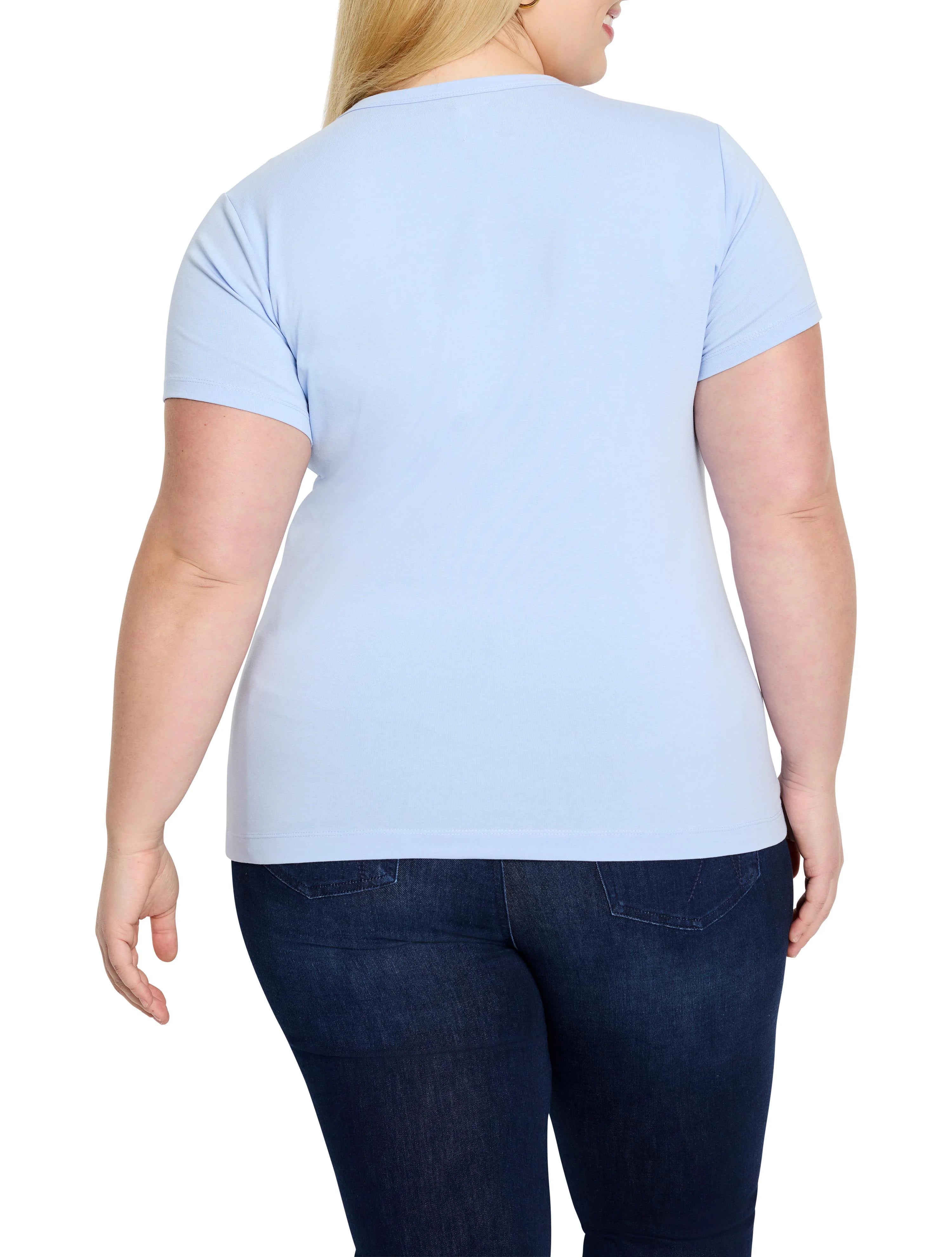 Light blue crew neck t-shirt with short sleeves, shown from the back. Features a smooth knit texture.
