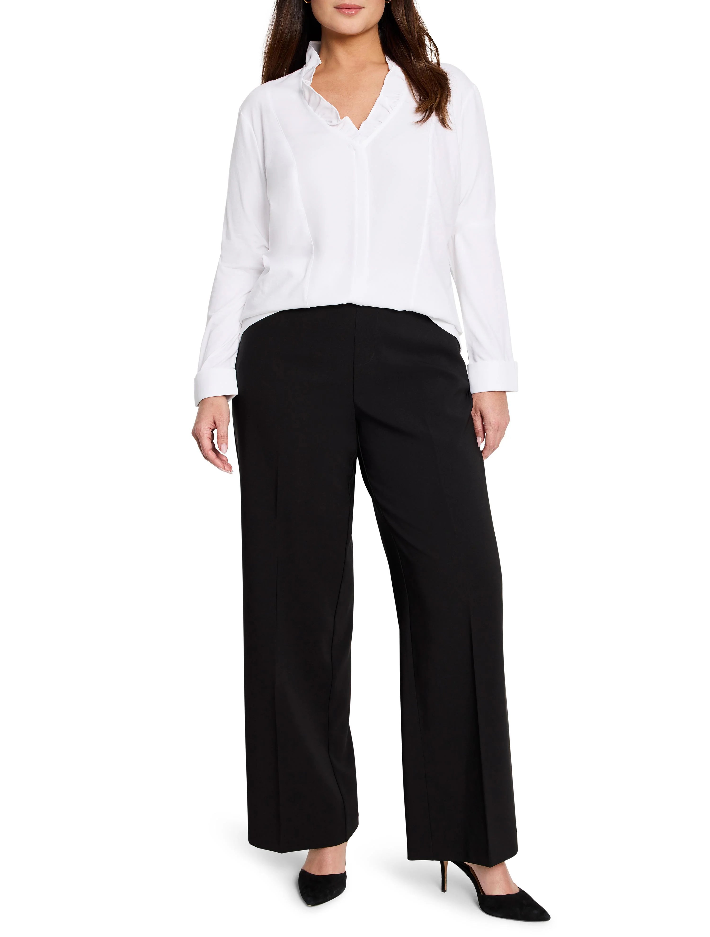 White shirt with a ruffled V-neckline and long sleeves.