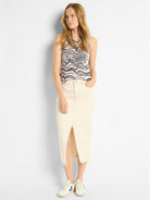 Cream and navy wave pattern knit tank.