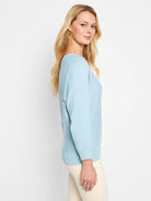 Light blue V-neck sweater with a relaxed fit, long sleeves, and ribbed cuffs and hem.