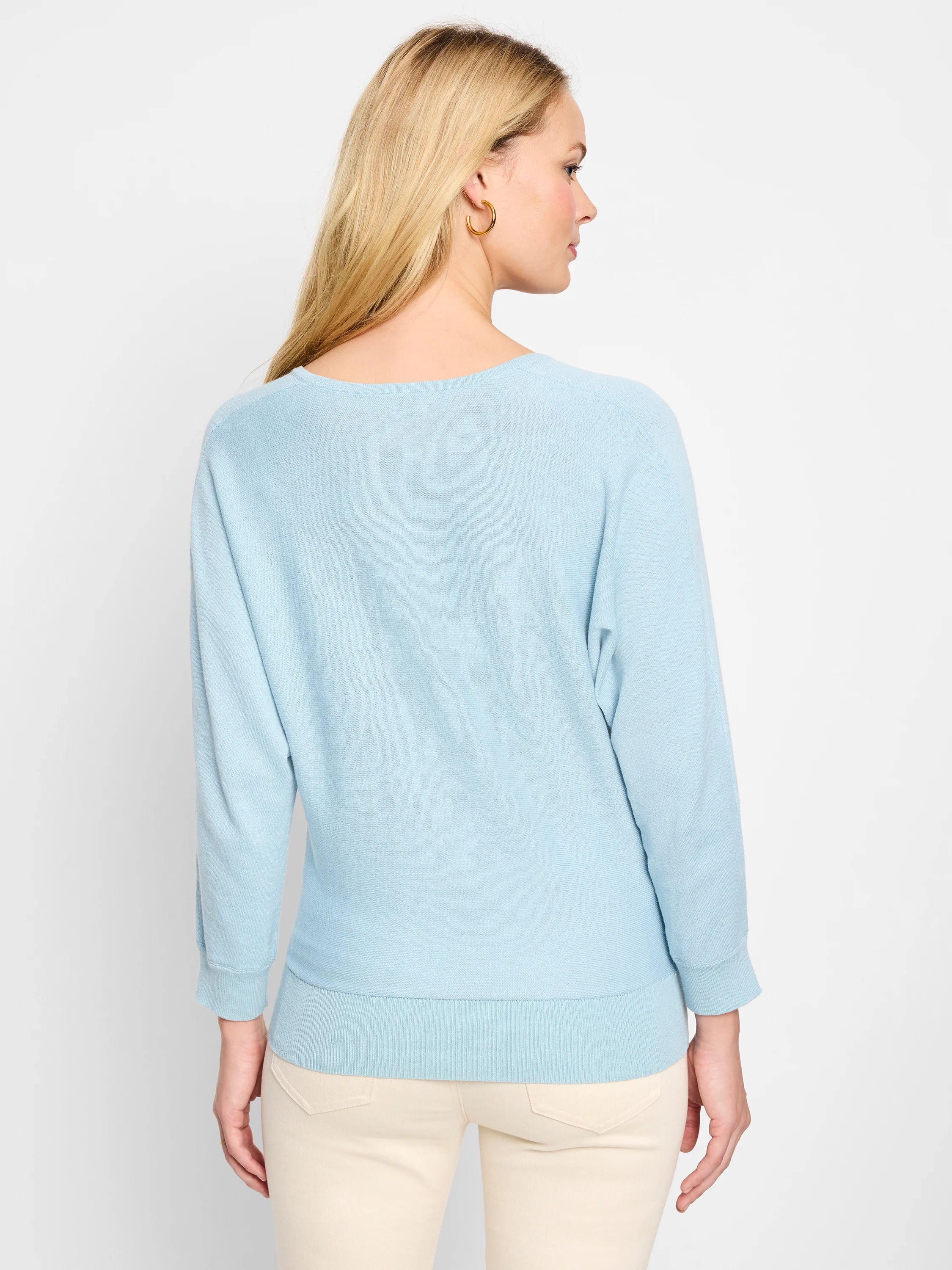 Light blue sweater shown from behind, featuring a shallow scoop back, long sleeves with ribbed cuffs, and a ribbed hem.