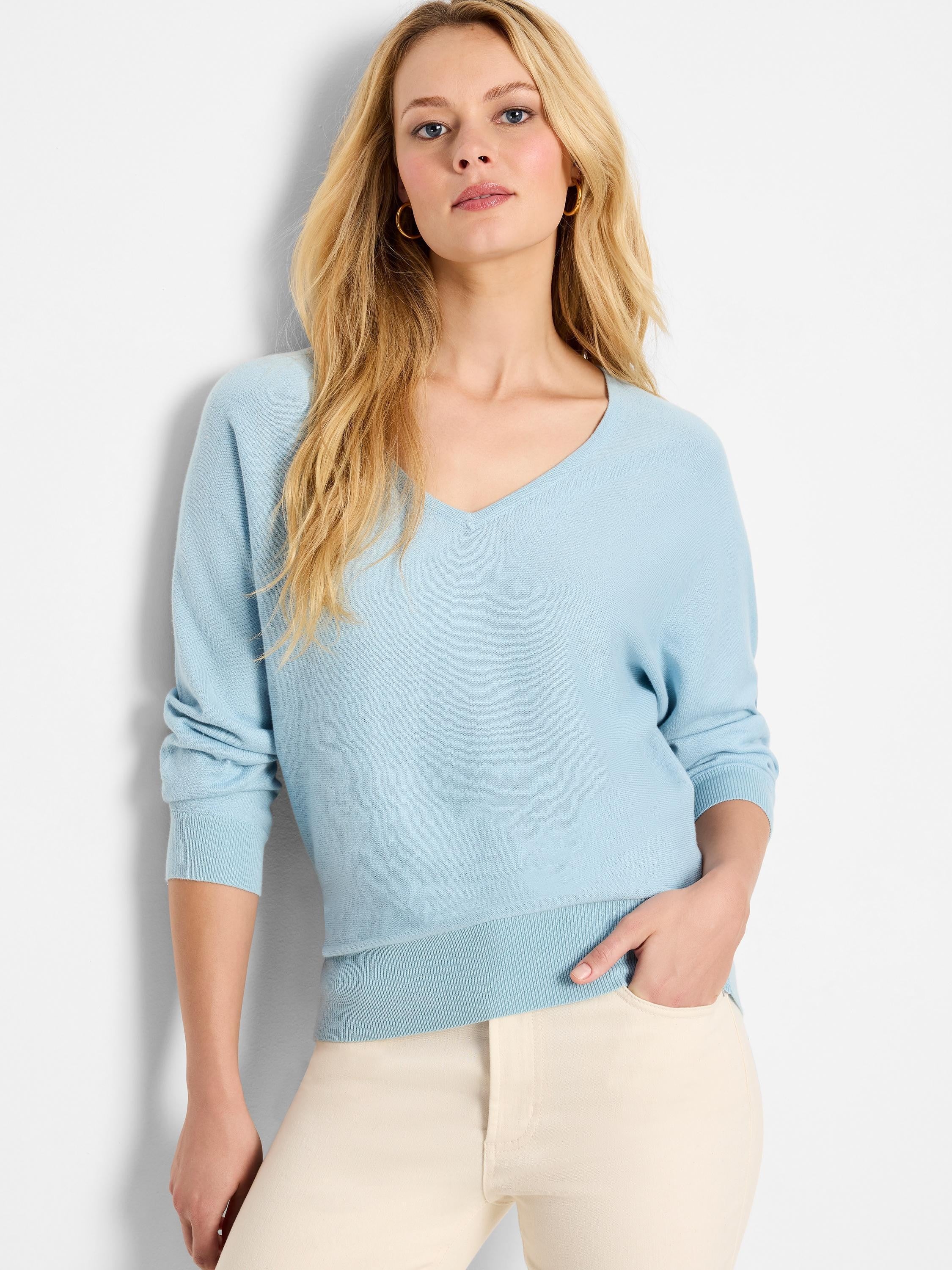 Light blue knit V-neck sweater with long sleeves, ribbed cuffs, and a ribbed hem.