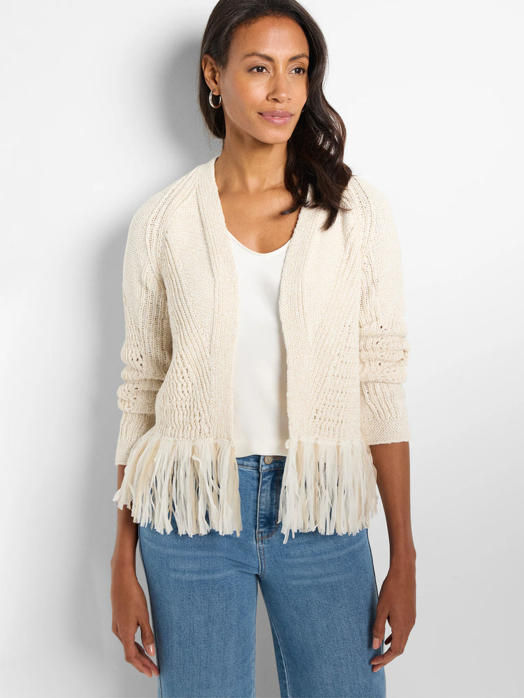 Off-white open knit cardigan with varied textures and a multi-strand cream fringe hem.