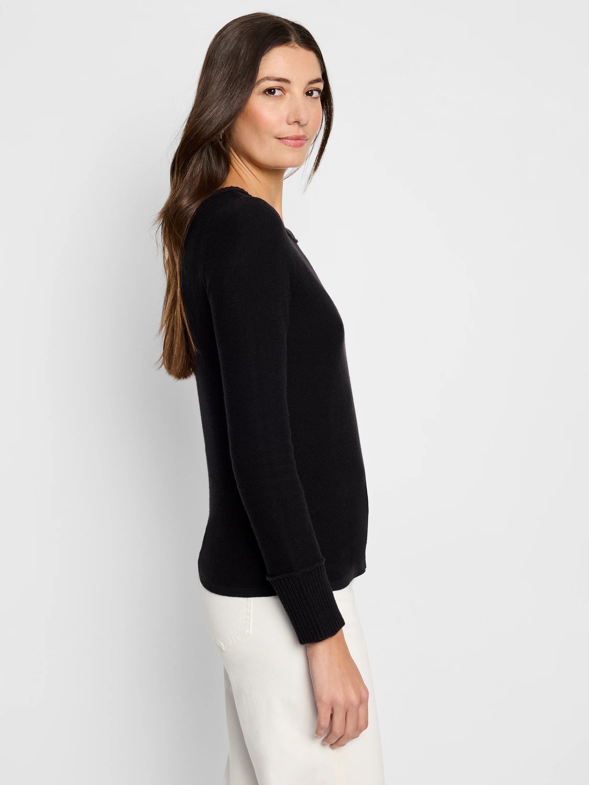 Black baby garter crew neck sweater with long sleeves and ribbed cuffs.