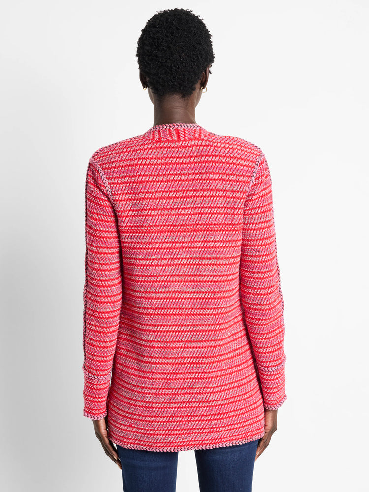 Red and pink horizontally striped cardigan, textured knit, braided trim at edges.