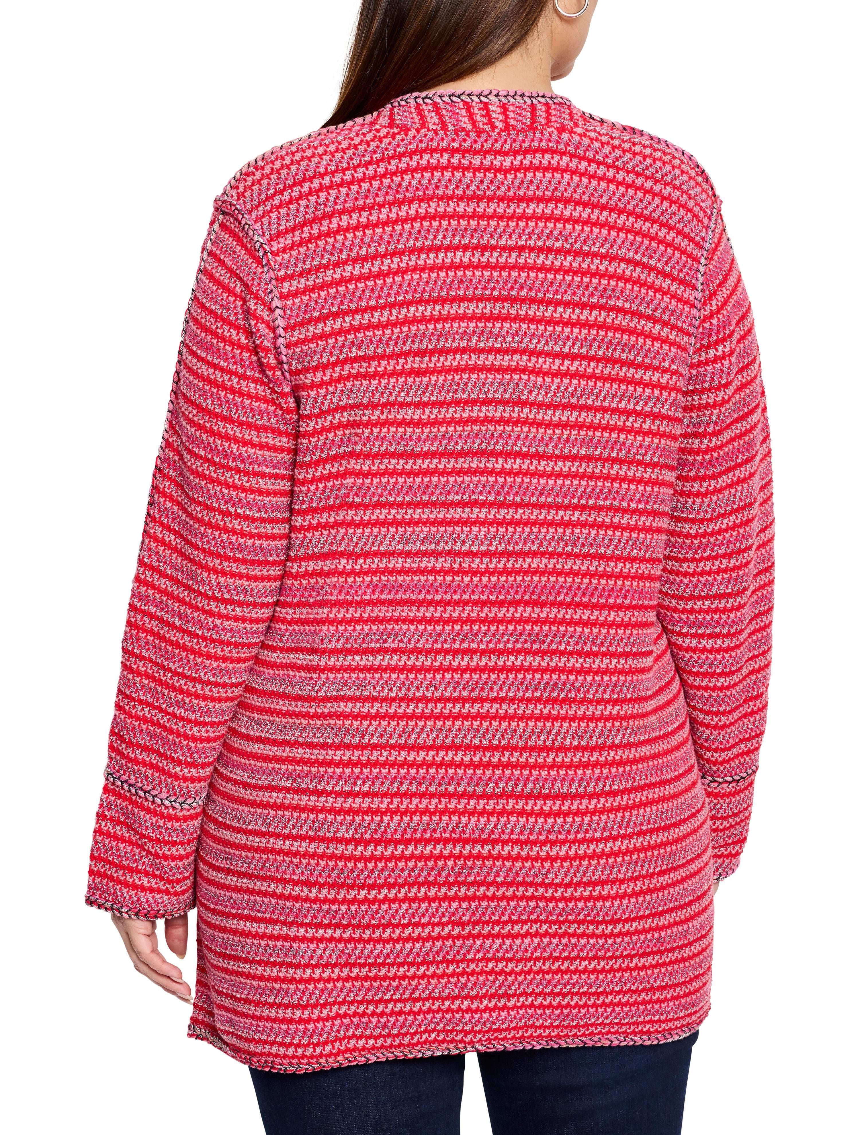 Red and pink horizontally striped cardigan with textured knit and dark stitch detailing.  Open front.