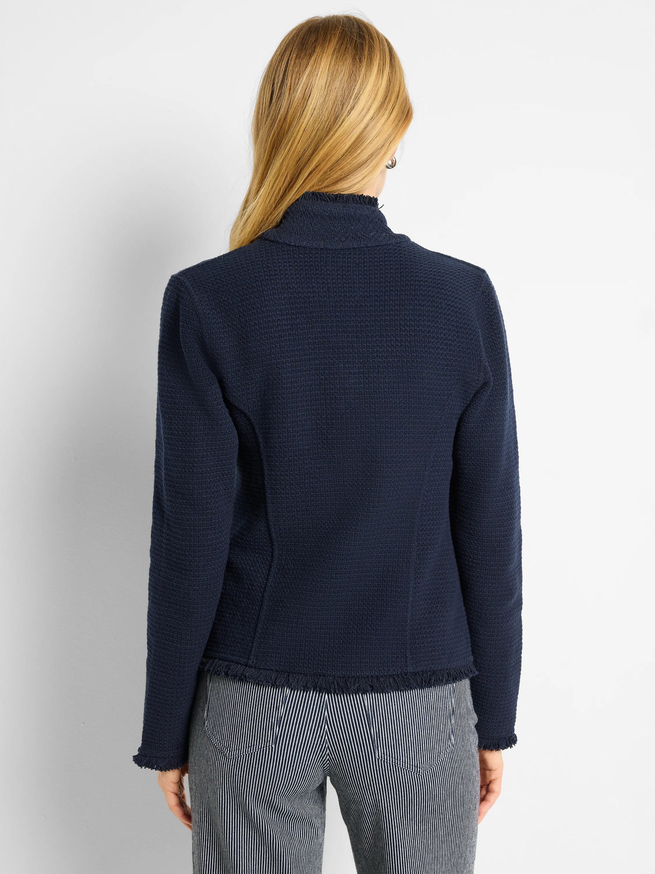 Notch Collar Fringe Mix Knit Jacket