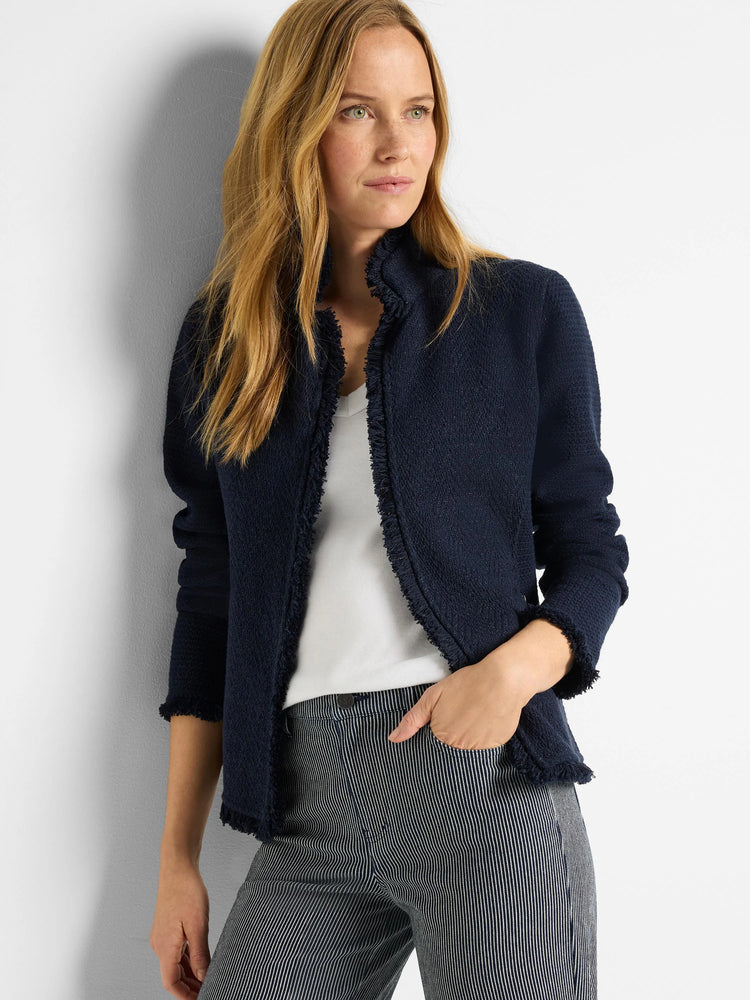 Navy blue knit jacket with fringe trim.  Notch collar.