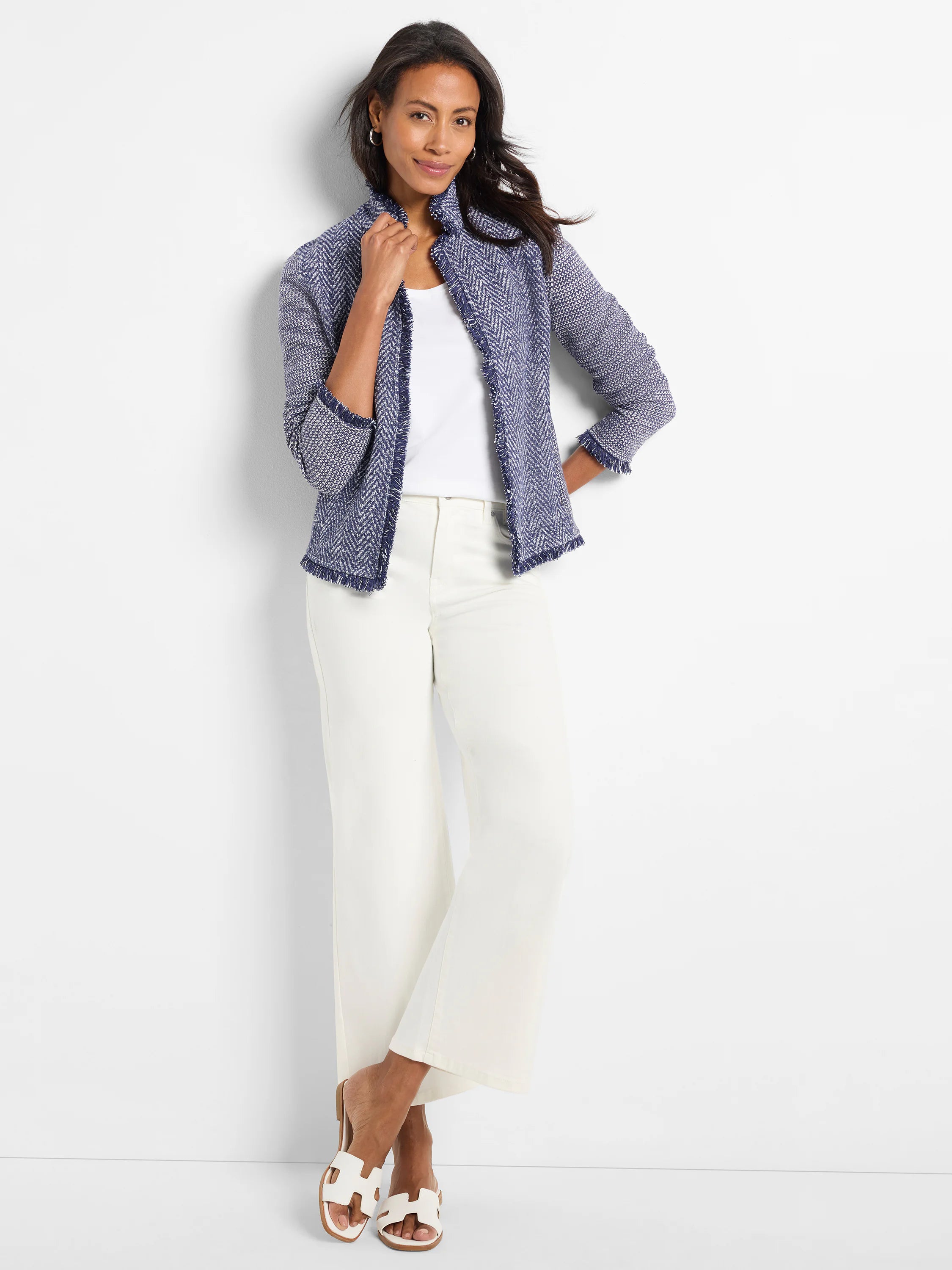 Notch Collar Fringe Mix Knit Jacket