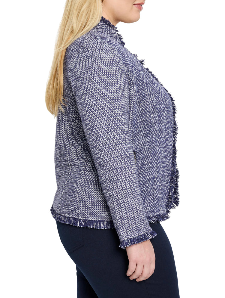 Blue and white textured knit jacket. Notch collar, fringed edges. Herringbone pattern on one side.