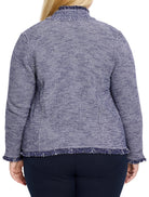 Blue and white textured knit jacket with fringe trim. Notch collar detail.