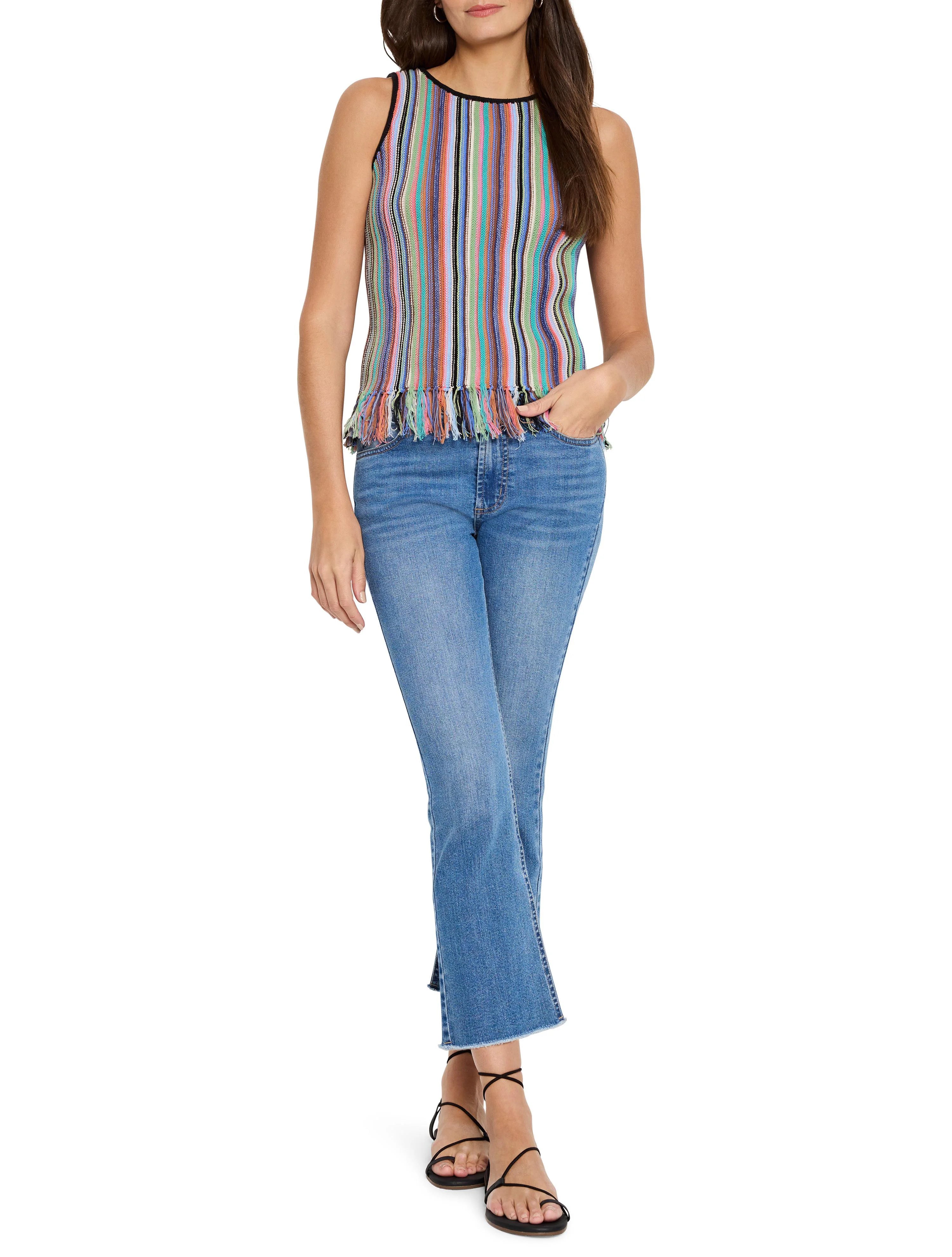Multicolored striped knit tank top with fringe bottom.