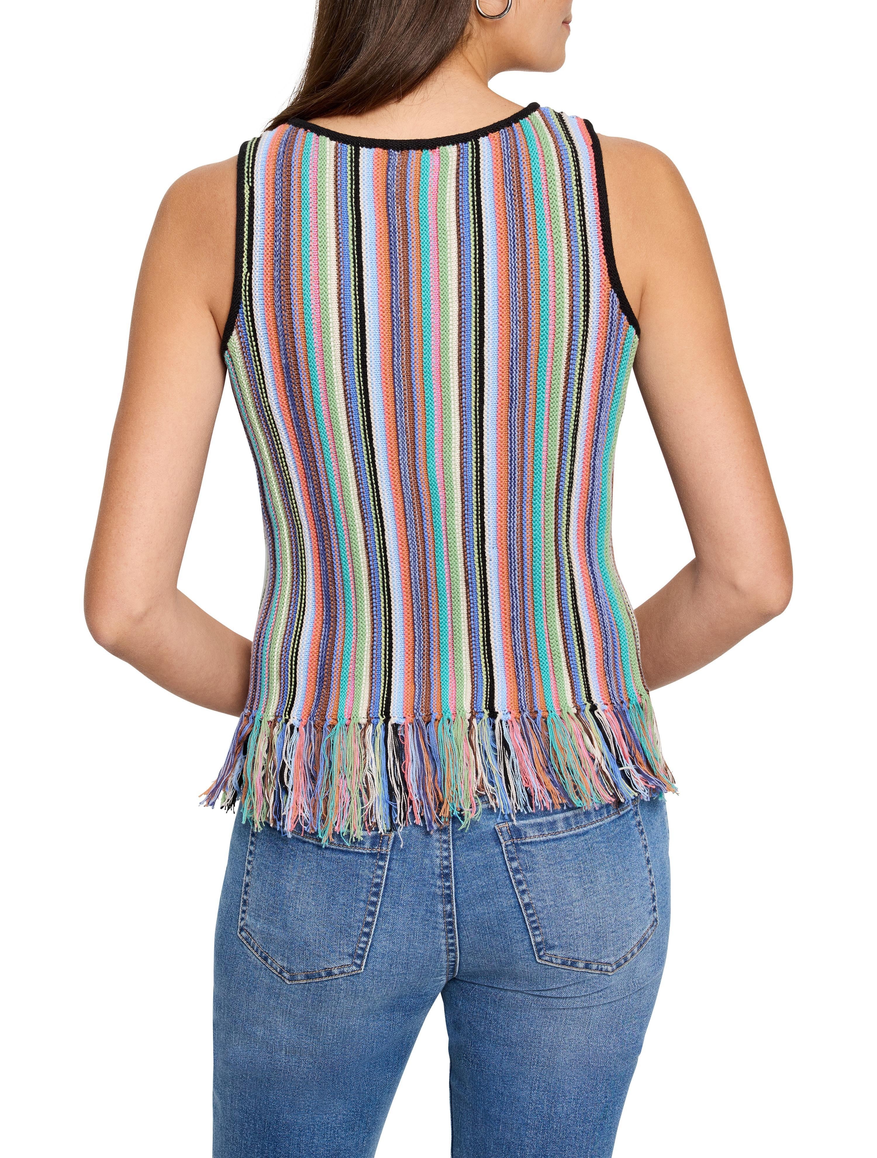 Multicolored striped knit tank top with fringe bottom.  Colors include pink, orange, blue, green, and black.  Sleeveless.