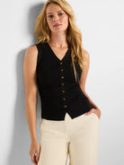 Black ribbed sleeveless sweater vest with gold buttons and a V-neck.