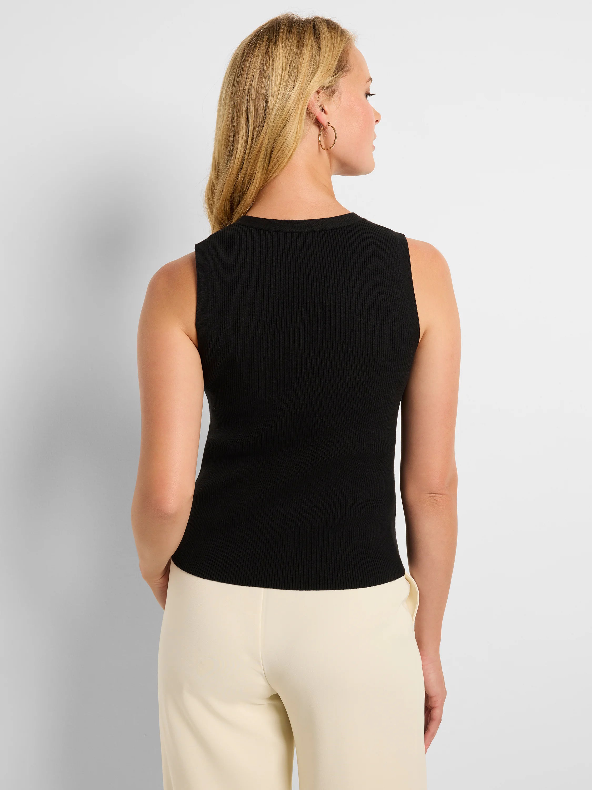 Black ribbed sleeveless sweater vest;  back view.