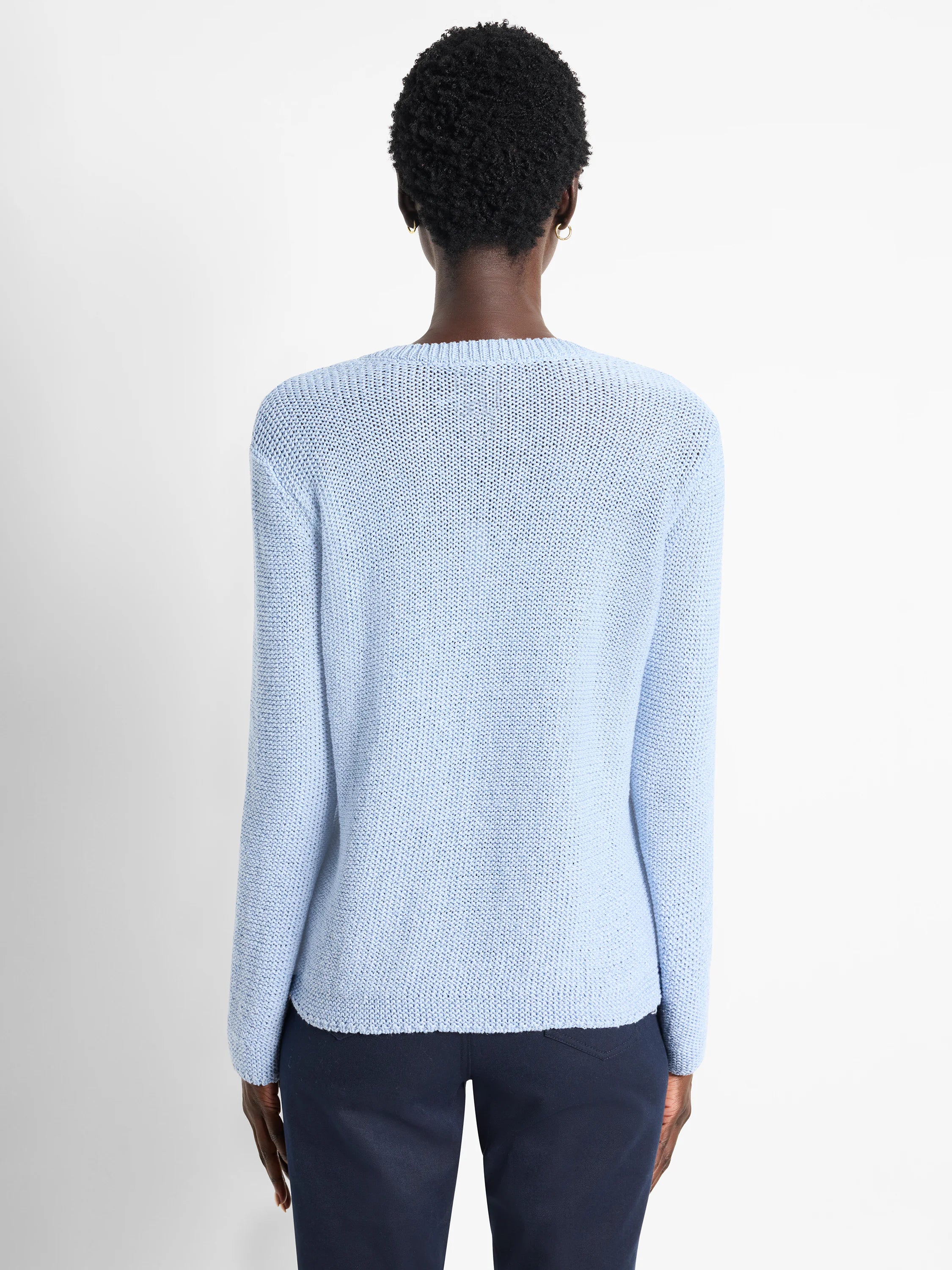 Light blue, long-sleeved knit sweater.  Textured knit fabric.  Shown from the back.