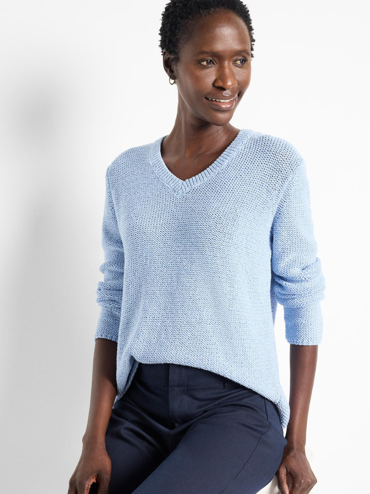 Light blue, V-neck, textured knit sweater.  Long sleeves.