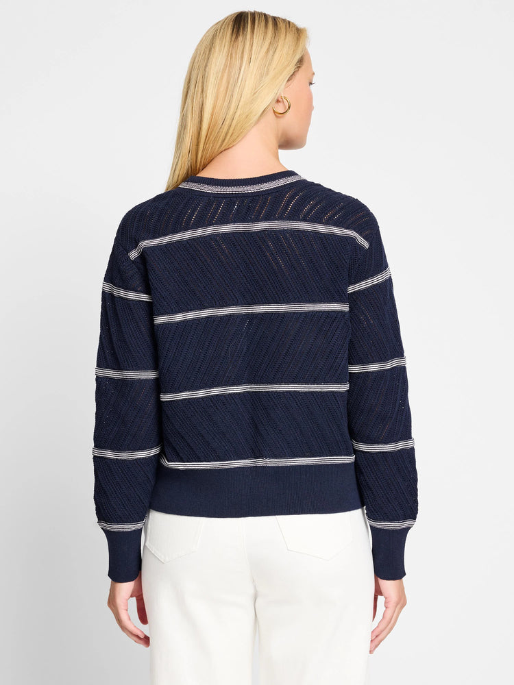 Dark navy blue pointelle knit sweater with thin horizontal off-white stripes.  Features a ribbed hem and cuffs.