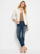 Off-white knit jacket with thin brown pinstripes and notched collar.