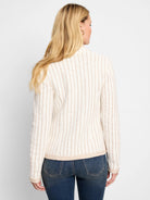 Off-white knit jacket with thin, vertical taupe pinstripes and taupe trim. Notch collar.