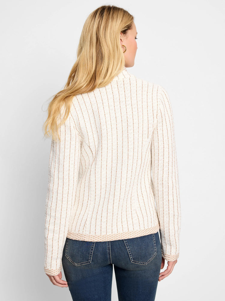 Off-white knit jacket with thin, vertical taupe pinstripes and taupe trim. Notch collar.