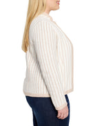 Off-white knit jacket with thin brown pinstripes and brown trim. Notch collar, long sleeves.