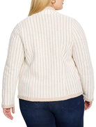 Off-white knit jacket with thin brown pinstripes. Notch collar, long sleeves, and a contrasting brown hem.