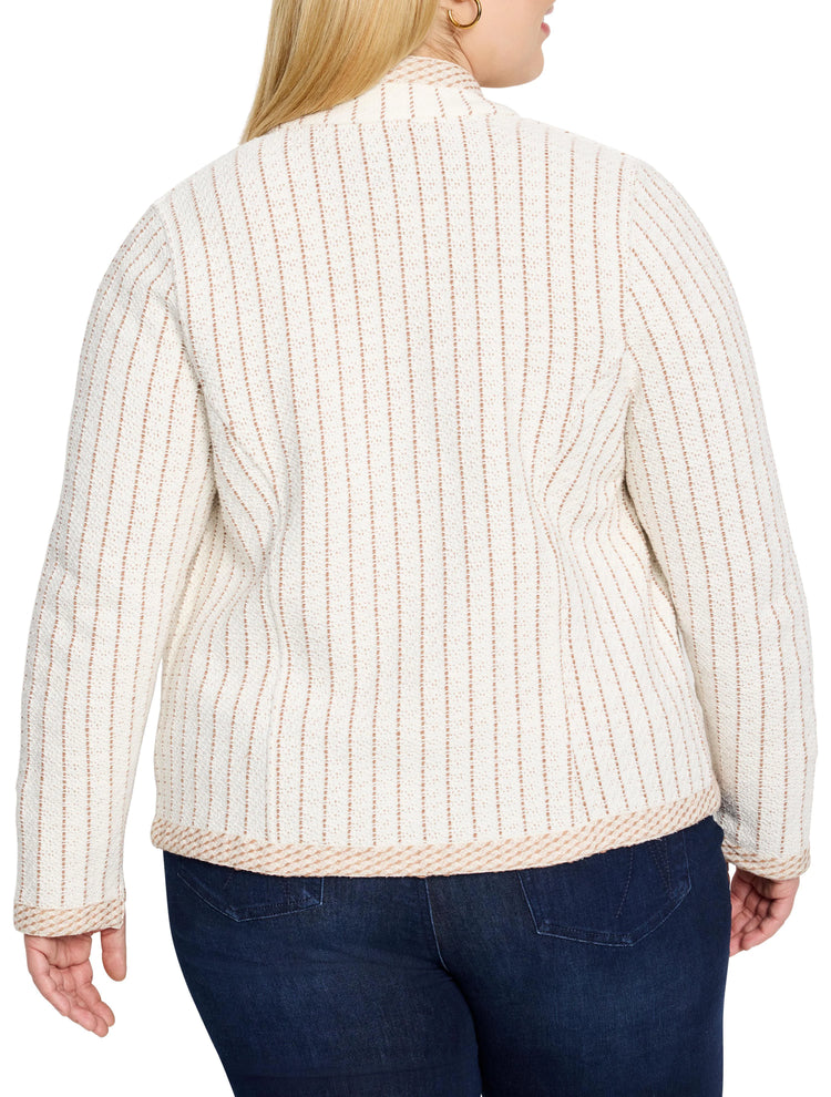 Off-white knit jacket with thin brown pinstripes. Notch collar, long sleeves, and a contrasting brown hem.