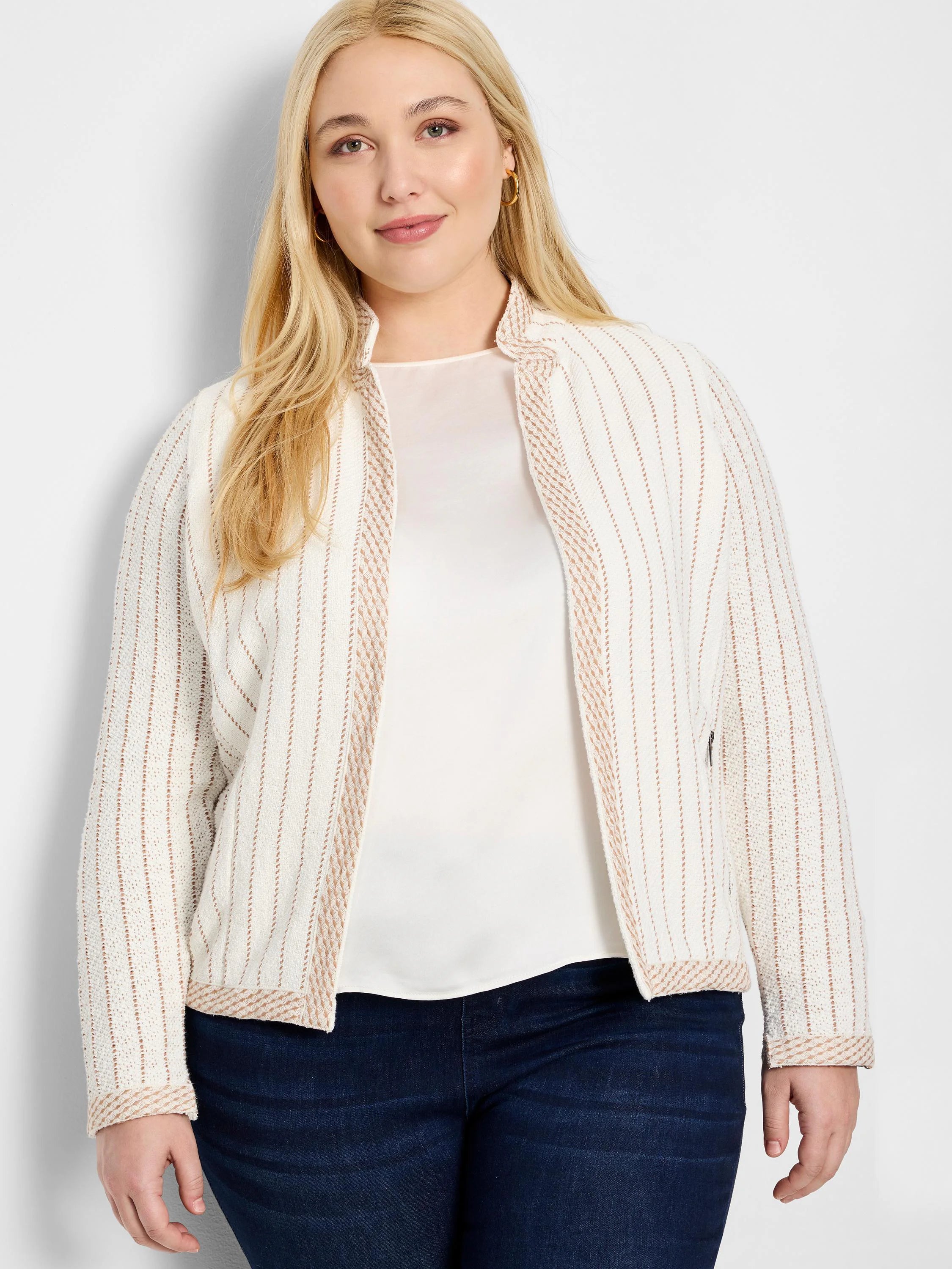 Off-white knit jacket with thin brown pinstripes and coordinating trim. Notch collar, long sleeves.