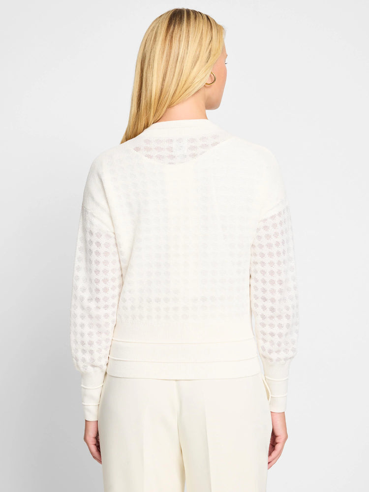 Off-white sheer knit cardigan, textured pattern, long sleeves, banded hem.