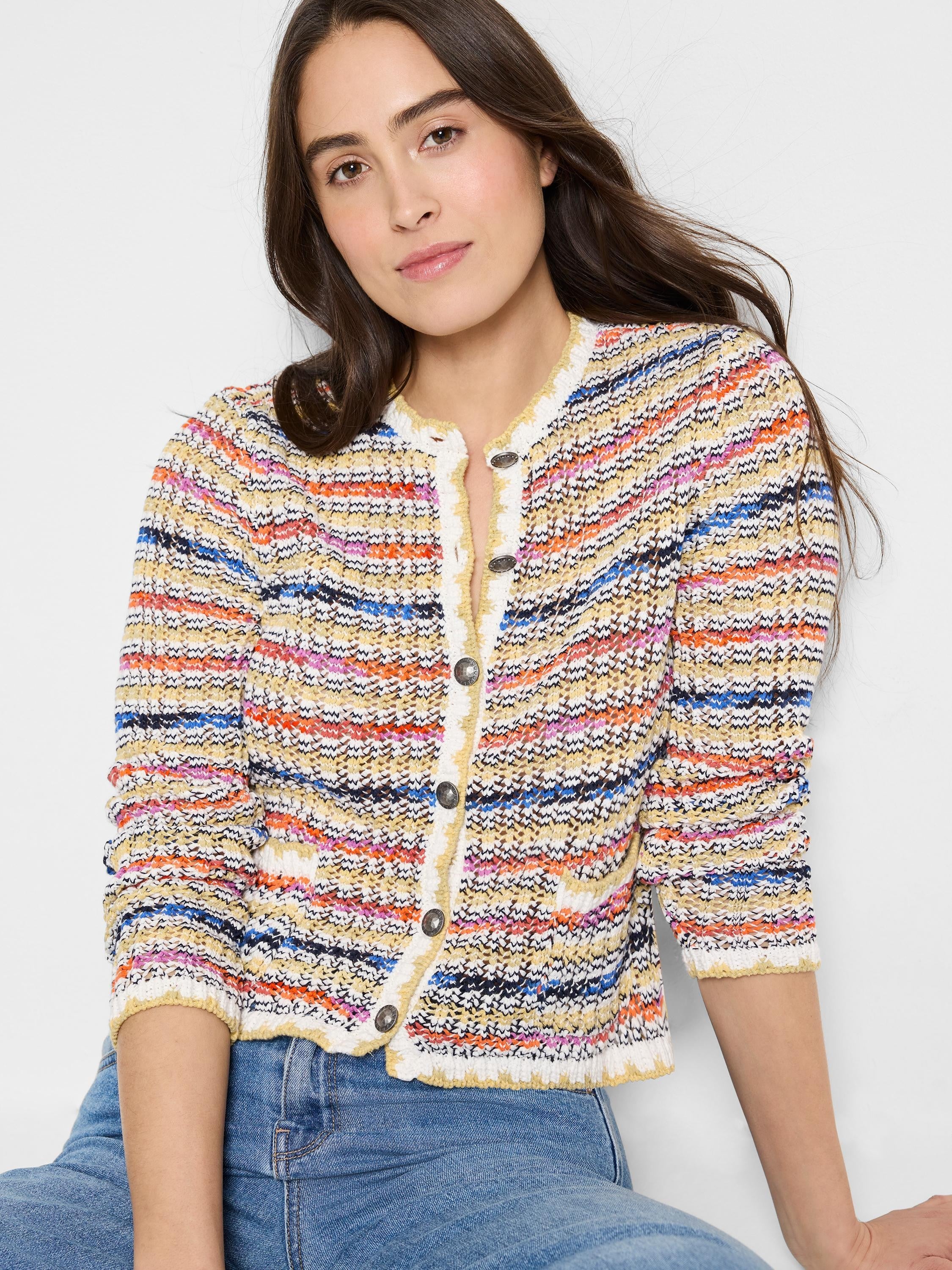 Crochet knit jacket with multicolored stripes in yellow, orange, pink, blue, and white.  Button front.