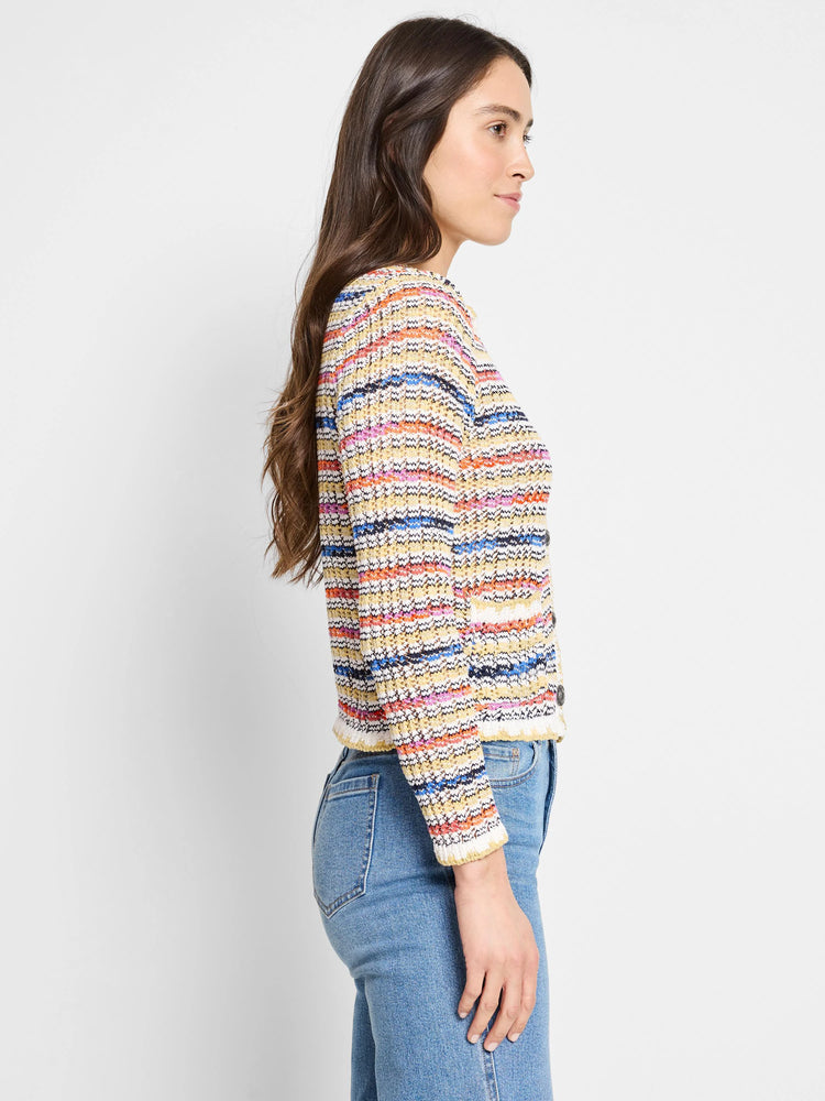 Multicolored striped knit cardigan.  Off-white, yellow, pink, orange, and blue stripes. Button front.