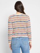 Striped knit jacket; cream, yellow, orange, pink, blue, and dark-blue stripes.  Long sleeves.