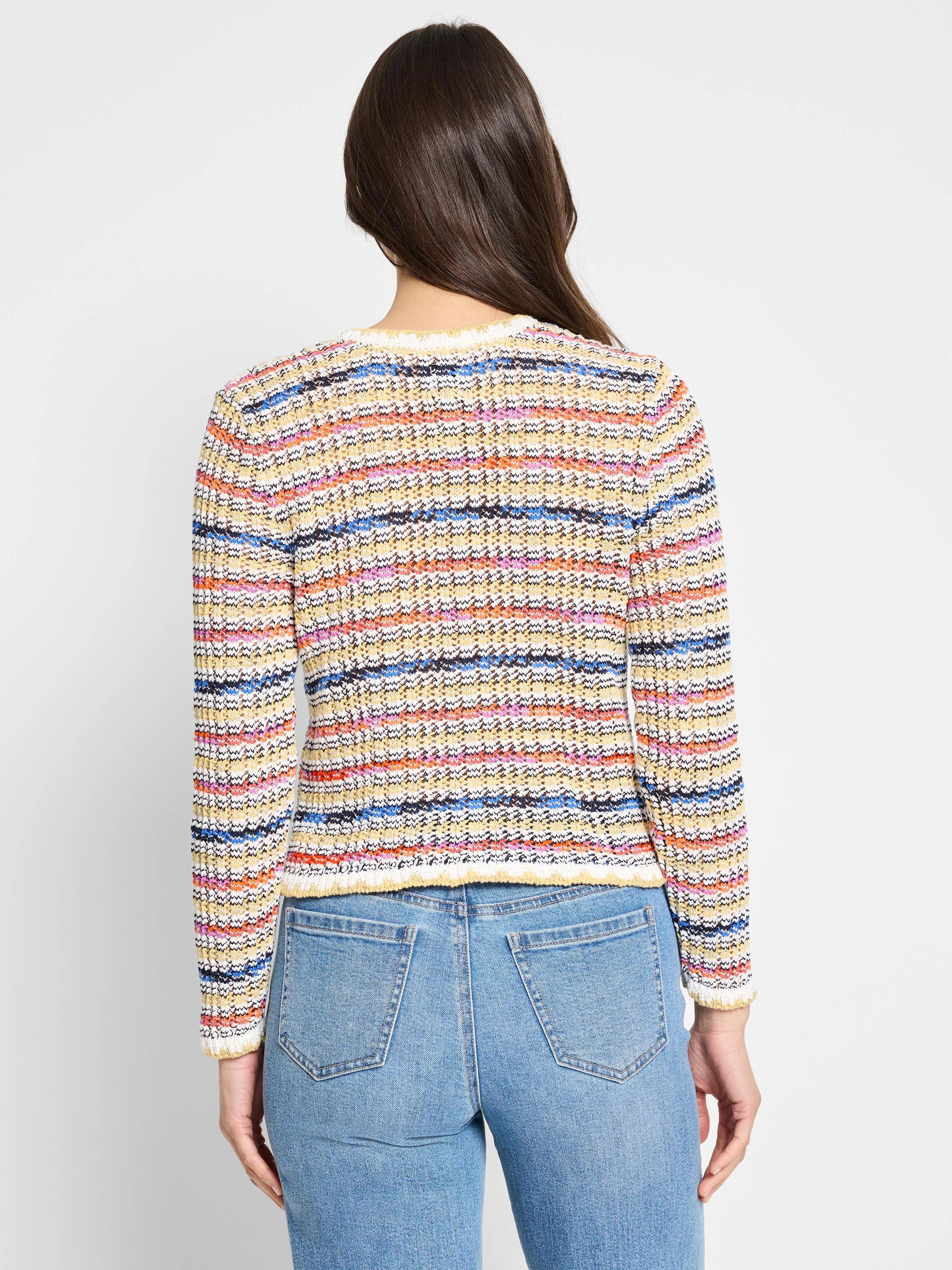 Striped knit jacket; cream, yellow, orange, pink, blue, and dark-blue stripes.  Long sleeves.