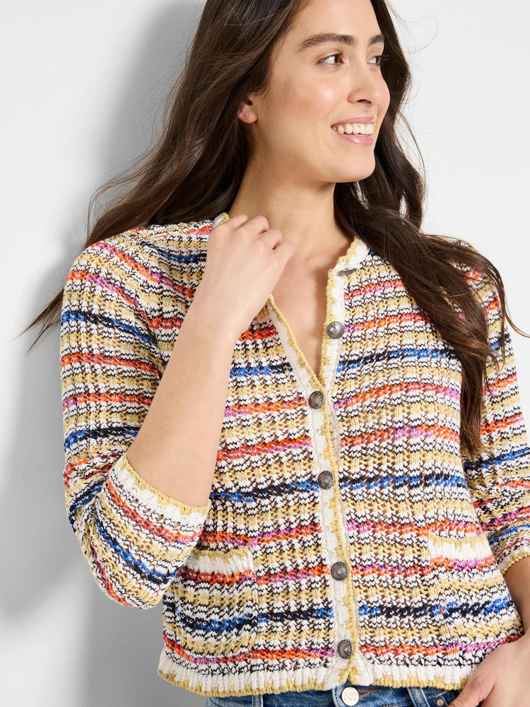 Crochet knit button-front jacket.  Multicolored stripes of cream, beige, orange, pink, blue.  Three-quarter sleeves,...