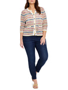 Multicolored striped knit cardigan; cream, blue, pink, orange, and yellow stripes.  Button front, patch pockets.